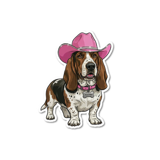 Pink cowgirl basset hound sticker: illustration of a dog wearing a pink cowboy hat on a white background