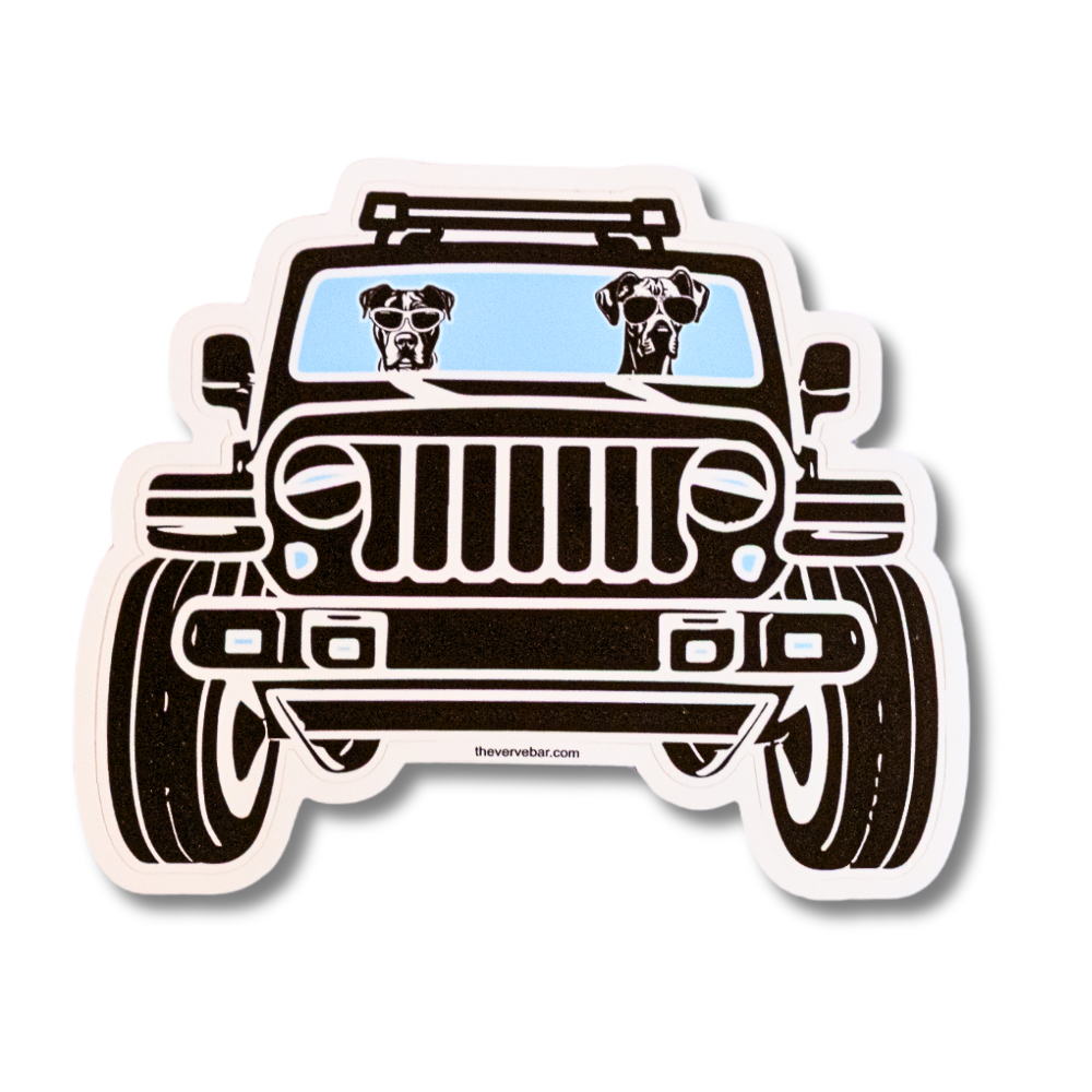 Great Dane and pit bull mix in a black Jeep with light blue windshield. Large 5" waterproof vinyl adventure sticker. 