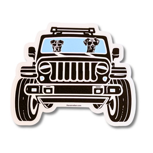 Great Dane and pit bull mix in a black Jeep with light blue windshield. Large 5" waterproof vinyl adventure sticker. 