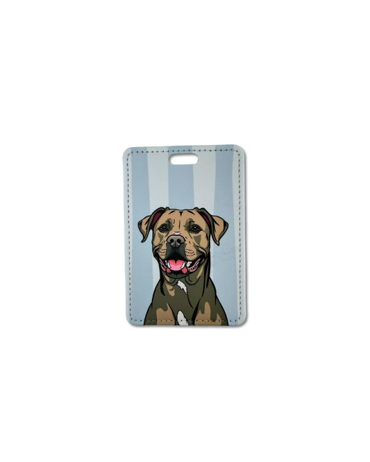 Pit Bull luggage tag; dog illustration on a striped background