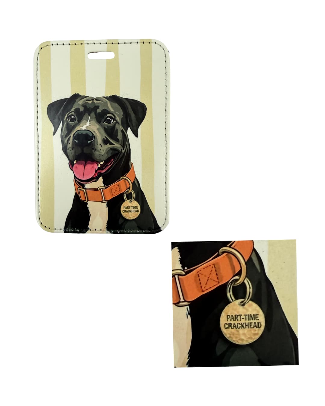 pit bull mix luggage tag featuring a happy black and white pit mix dog with an orange collar and striped background. Second image close up of collar tag.