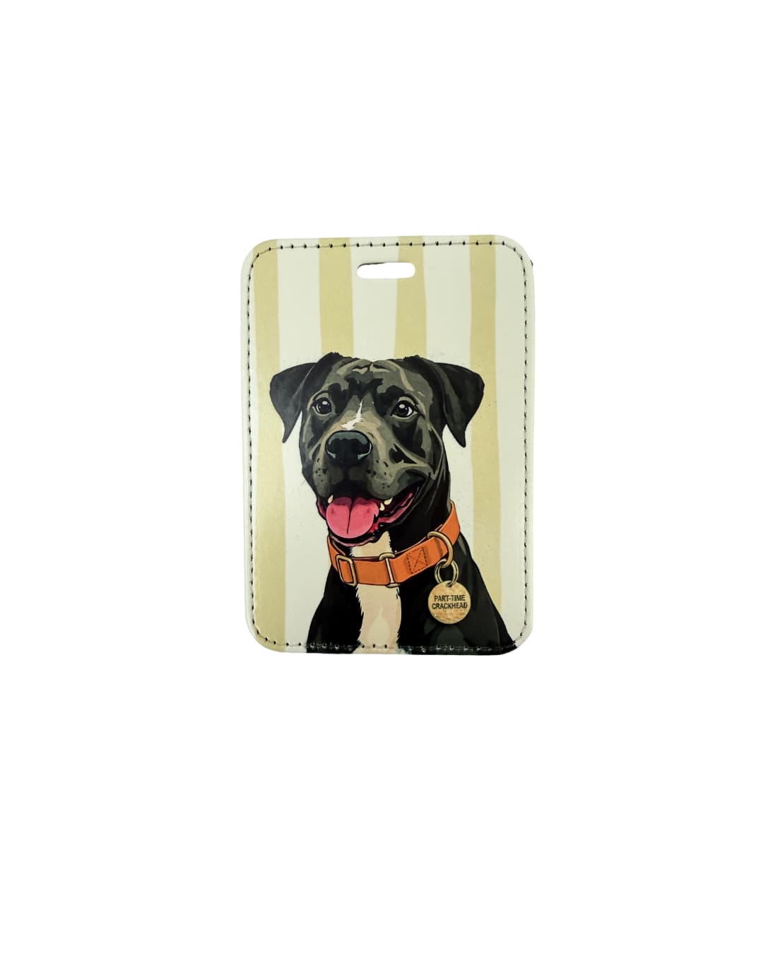 pit bull mix luggage tag featuring a happy black and white pit mix dog with an orange collar and striped background