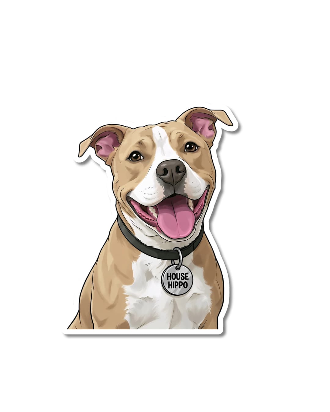 Pitbull house hippo sticker; illustrated tan and white pit with silver tag that says house hippo.