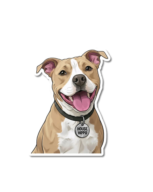 Pitbull house hippo sticker; illustrated tan and white pit with silver tag that says house hippo.