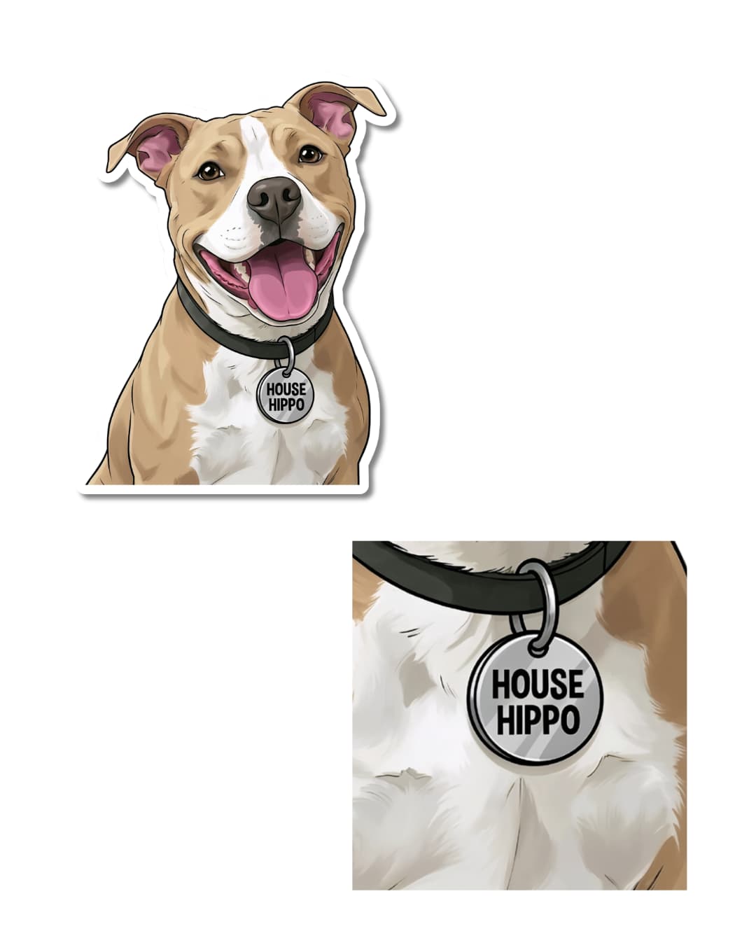Pitbull house hippo sticker; illustrated tan and white pit wearing silver tag that says house hippo. Plus close up of tag.