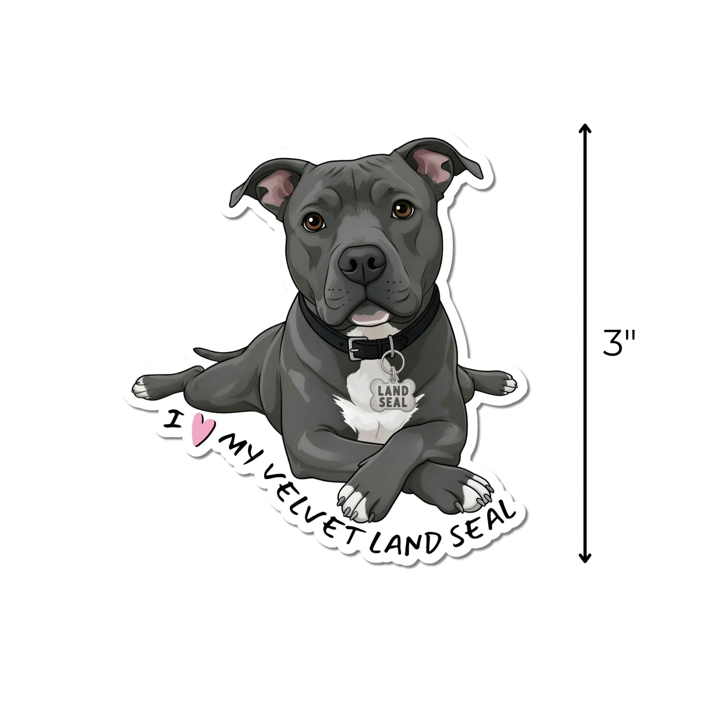 Pitbull land seal sticker with a vertical arrow showing the waterproof kiss-cut decal measures 3 inches tall.