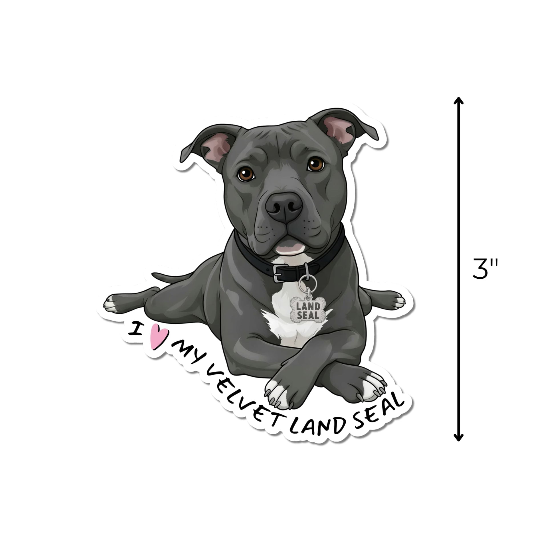 Pitbull land seal sticker with a vertical arrow showing the waterproof kiss-cut decal measures 3 inches tall.