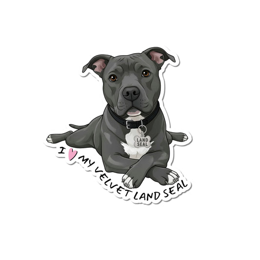 Pitbull land seal sticker showing a gray-and-white Pitbull lying in a sploot pose with a Land Seal collar tag and handwritten I Love My Velvet Land Seal message.