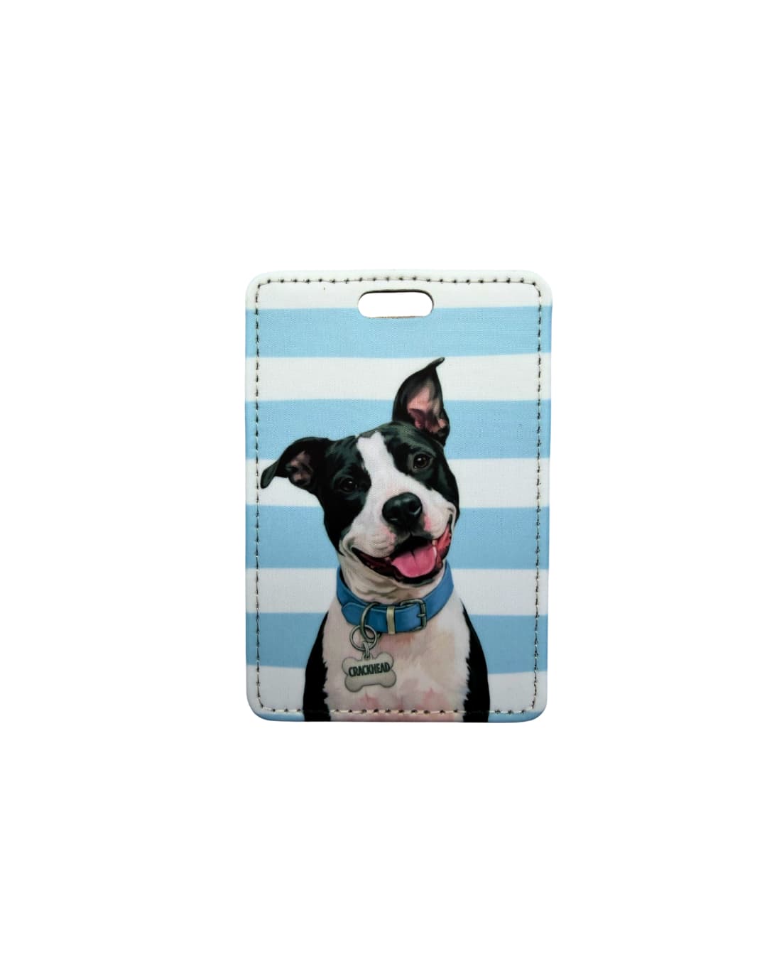 pitbull suitcase tag flat lay showing black and white pit bull illustration on blue and white striped background faux leather luggage tag with ID window