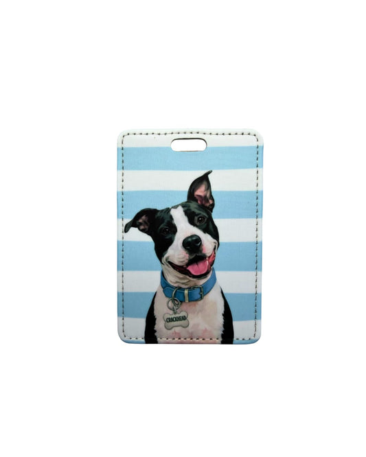 pitbull suitcase tag flat lay showing black and white pit bull illustration on blue and white striped background faux leather luggage tag with ID window