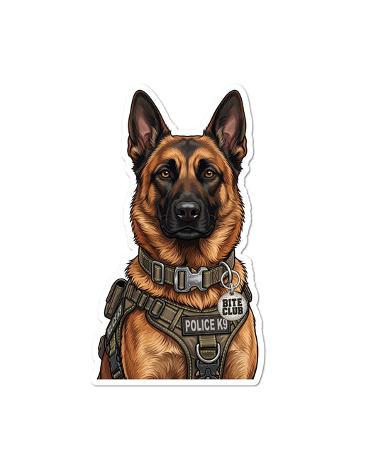 Police K9 sticker featuring a tan and black working dog with upright ears, wearing an olive green tactical harness marked “POLICE K9” and a matching collar with a round silver charm reading “BITE CLUB,” on white.