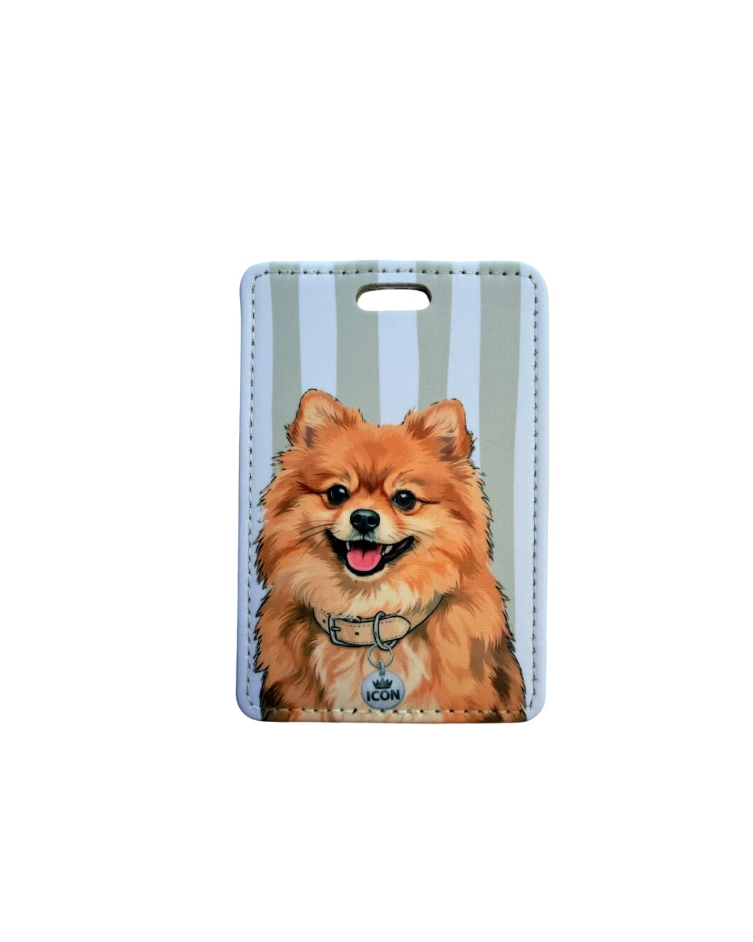 Pomeranian luggage tag; Fun faux leather luggage tag with a fluffy orange Pomeranian illustration wearing a 1 Brain Cell collar charm, grey and white vertical stripes, white background.