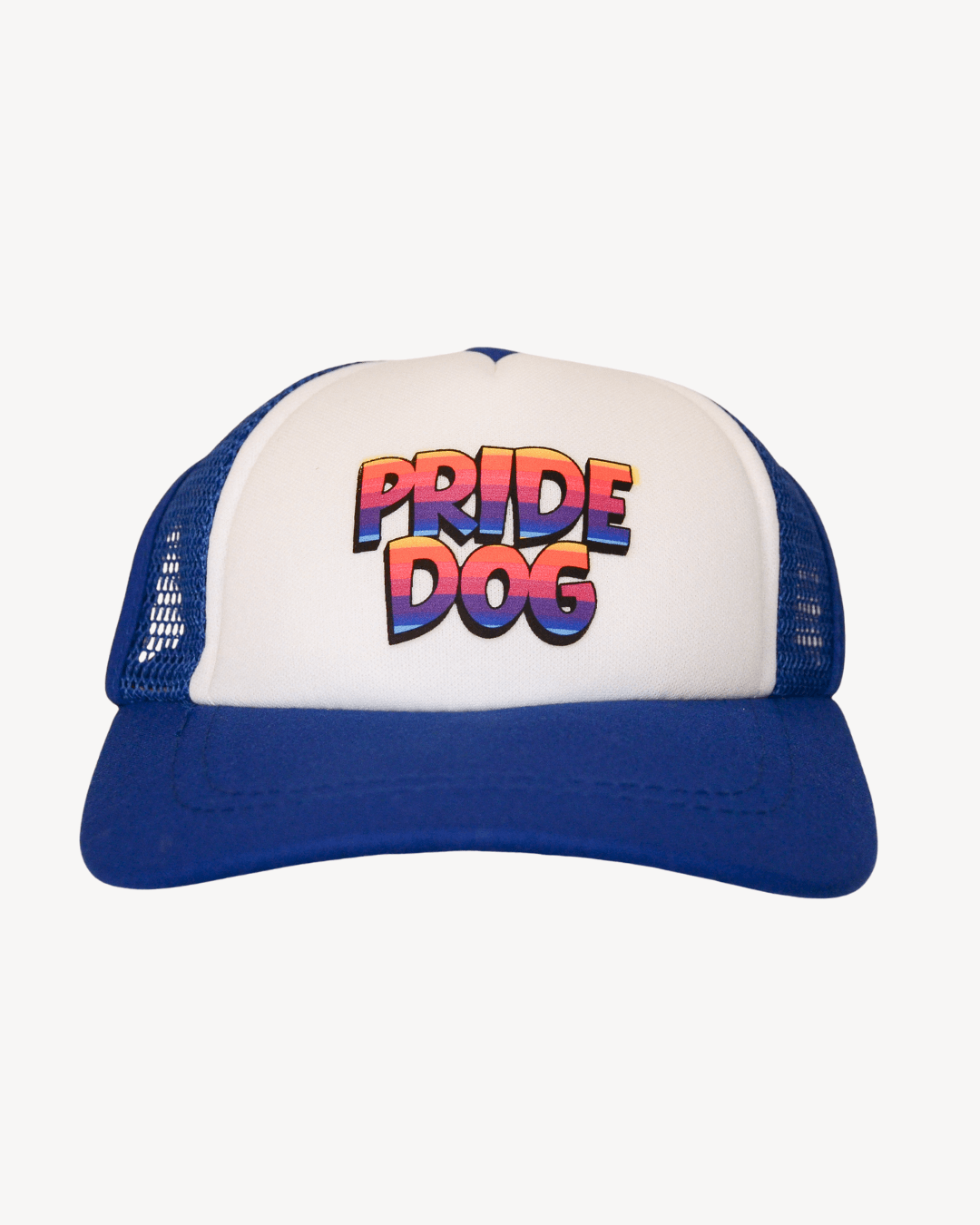 Blue pride dog trucker hat with rainbow font "Pride Dog"