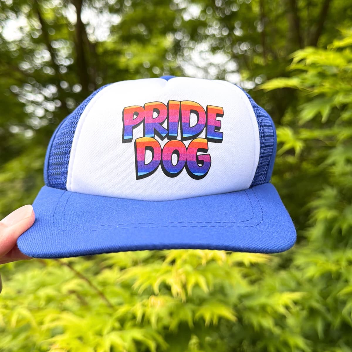  Pride Dog trucker hat lifestyle; hand holding a blue and white Pride Dog trucker hat outdoors with green Japanese Maple leaves in the background.