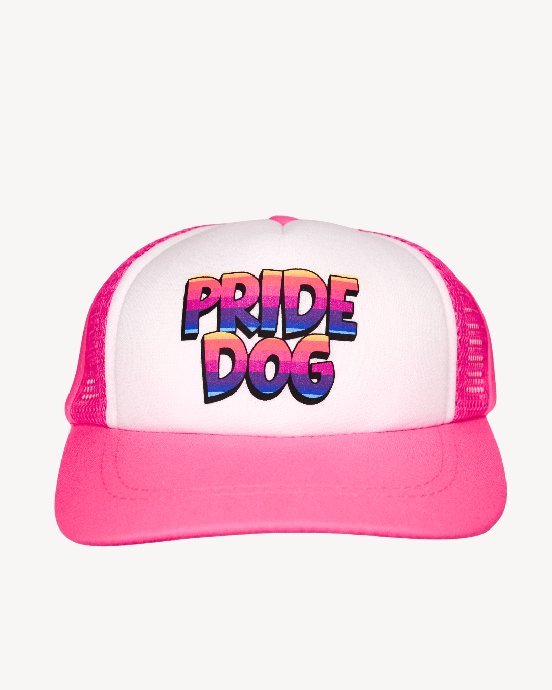 Pink pride dog trucker hat with rainbow font "Pride Dog"