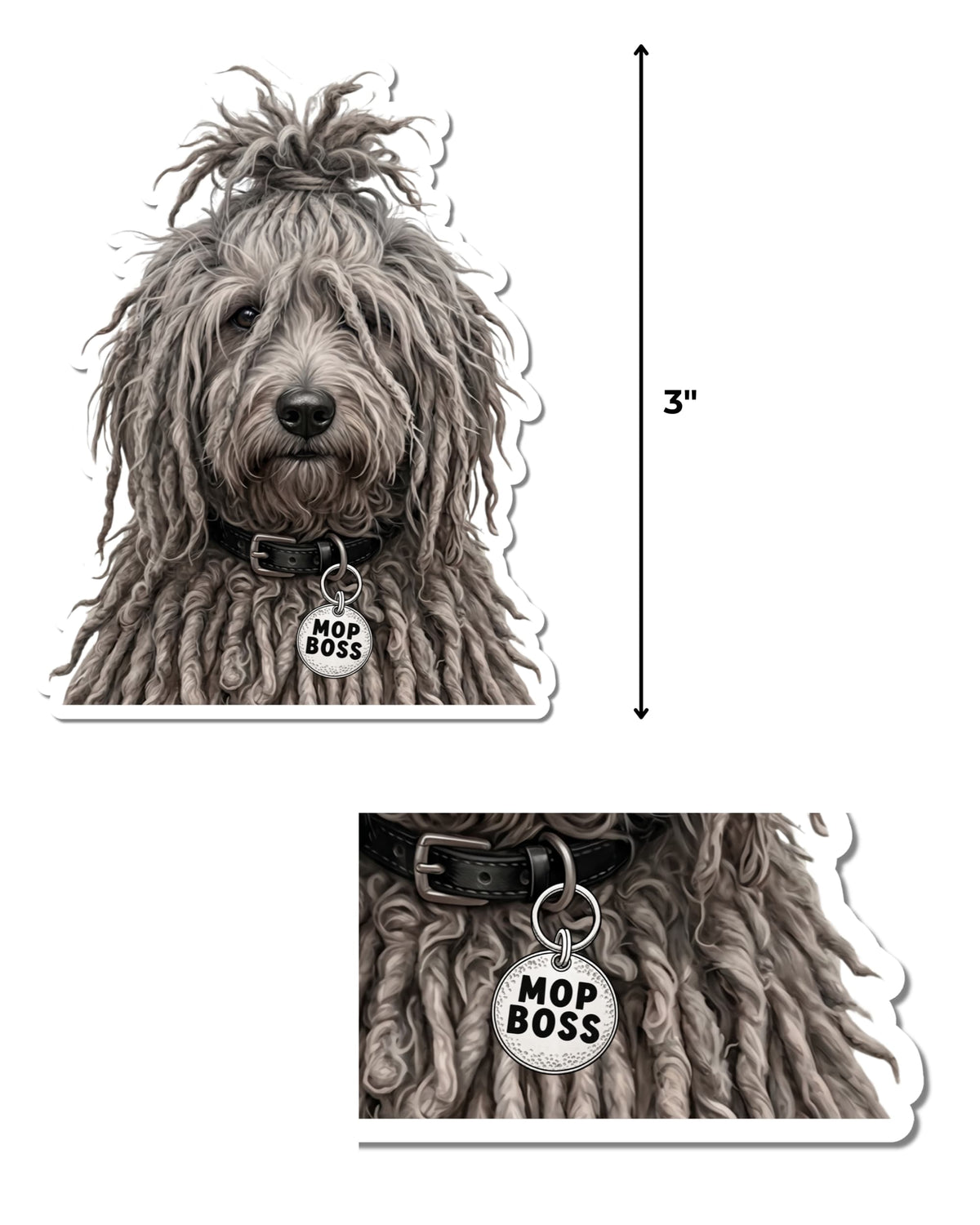 Puli dog sticker featuring a gray and taupe corded coat and black collar, shown on white with a 3-inch height guide and close-up of the silver tag with black “MOP BOSS” lettering.