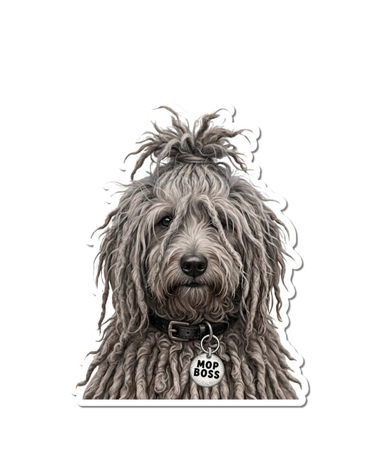Puli dog sticker featuring a gray and taupe corded coat tied in a topknot, black collar, and silver tag reading “MOP BOSS,” with a white border on a white background.
