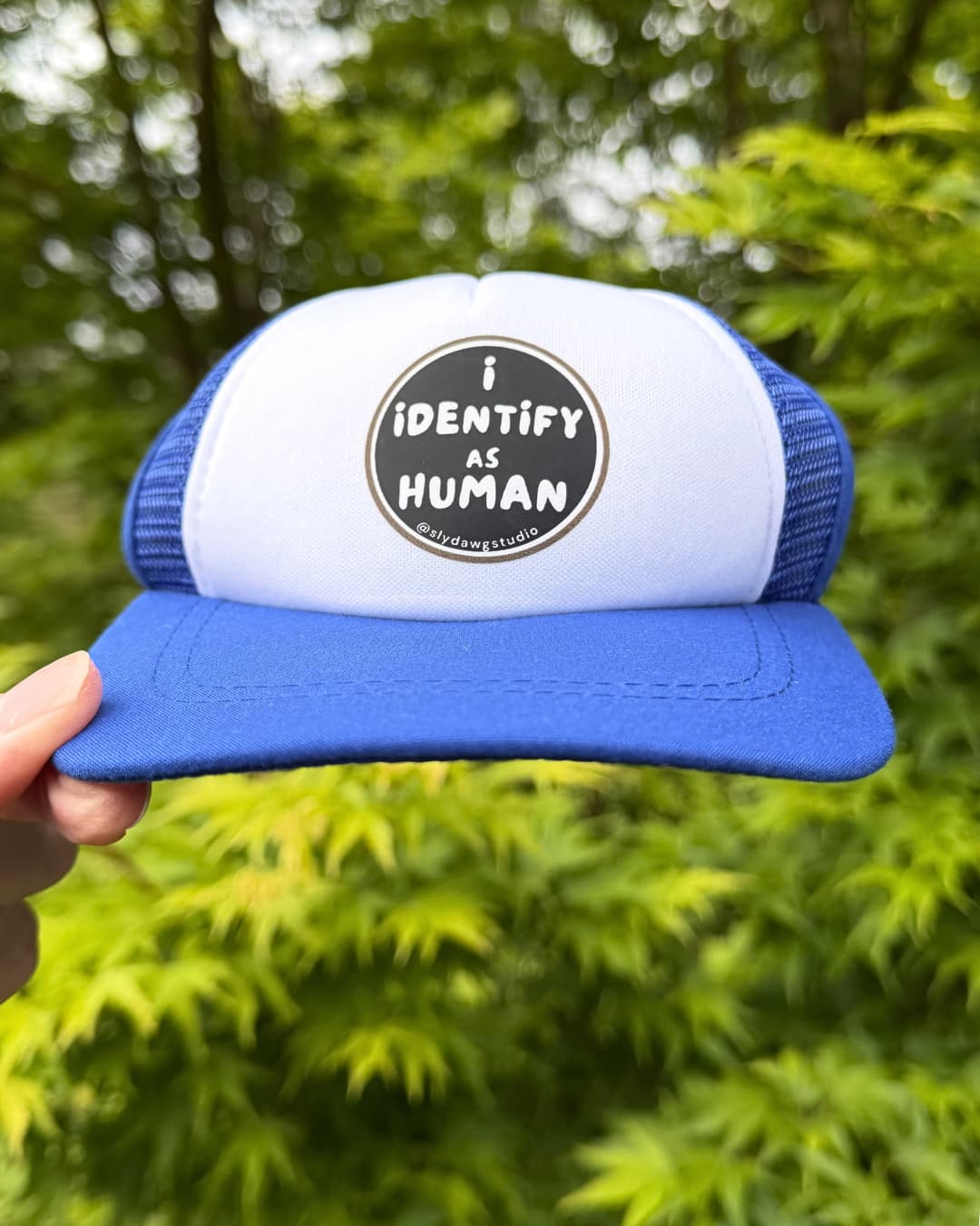 Pup hat for dogs lifestyle; hand holding a blue and white I Identify as Human pup hat for dogs outdoors with green Japanese Maple leaves in the background.