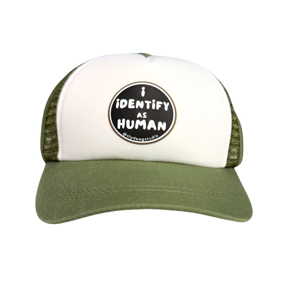 Pup hat for dogs olive green; olive green and white I Identify as Human pup hat for dogs, front view on white background.