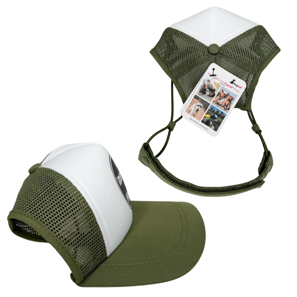 Pup hat for dogs fit detail; underside view of olive green Pup Lids pup hat for dogs showing adjustable velcro chin strap and side straps.