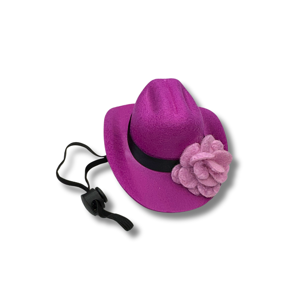 purple valentine hat for dog with lavender flower --shown with strap on the left to show how it tightens under the chin