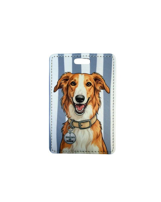 Red and white borzoi luggage tag; Fun faux leather luggage tag featuring an illustrated red and white Borzoi with an I Identify As Human collar charm, grey and white vertical stripes, white background.