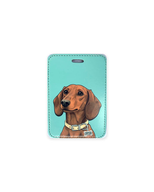 Red dachshund luggage tag with an original design of a doxie wearing a cream collar and a bone-shaped charm that reads "1 Brain Cell & It's Loose", on a solid aqua background. Faux leather luggage tag with stitched edges and a slot at the top.