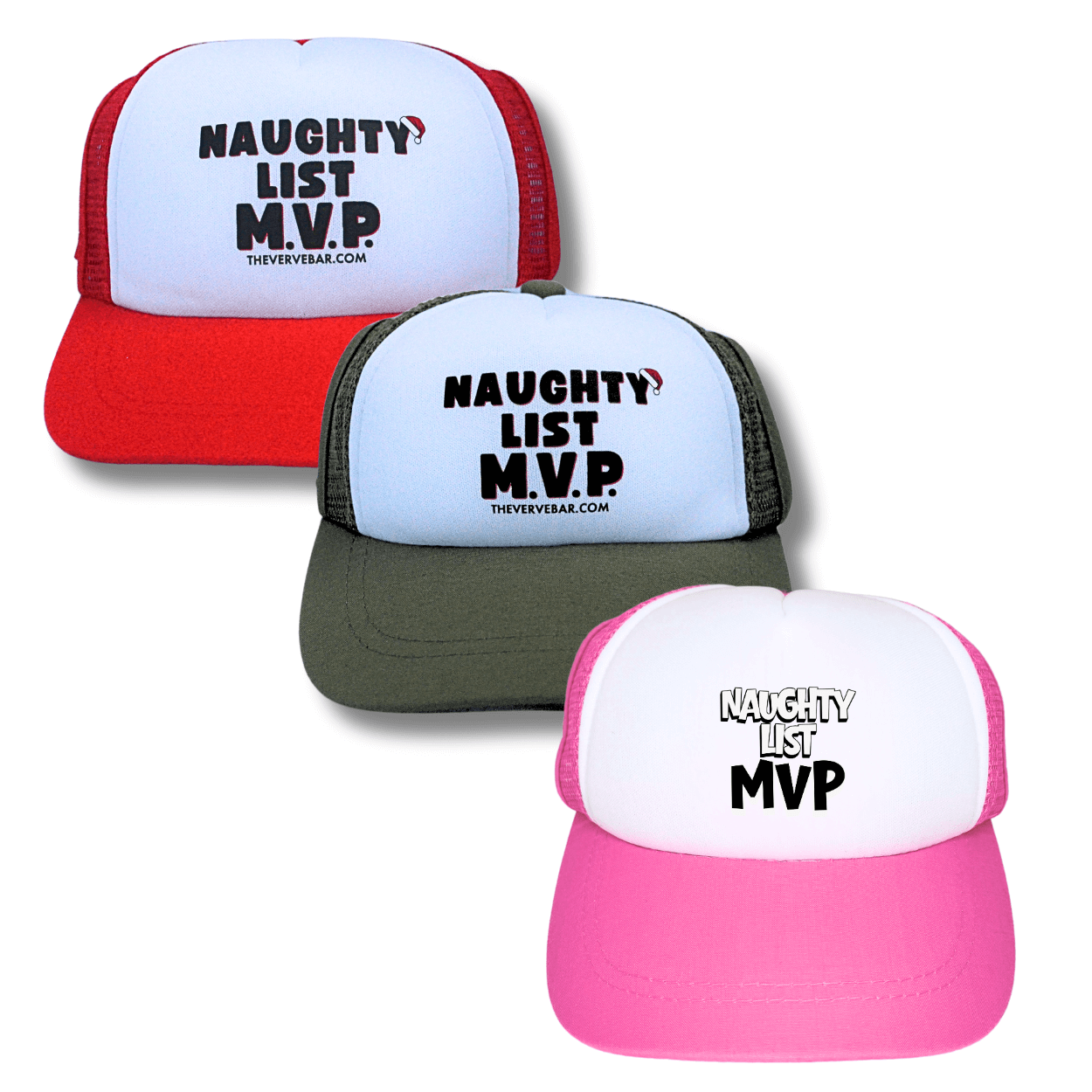 Three Christmas dog hats with 'Naughty List MVP' text on a white background