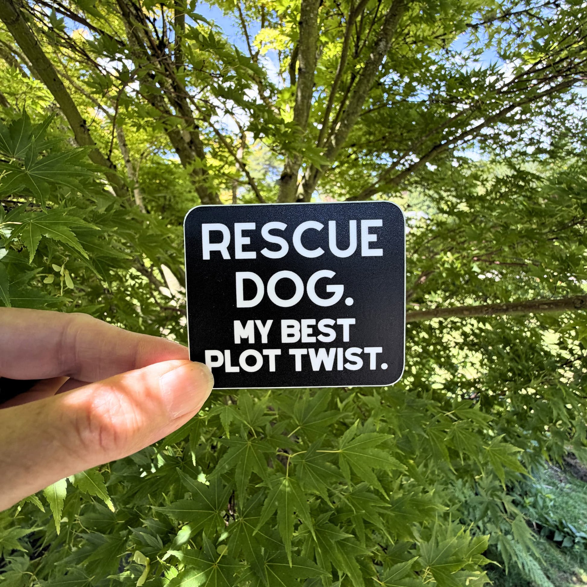 Black rectangular sticker with bold white text that reads ‘Rescue Dog. My Best Plot Twist. Hand held against tree leaves backrop.