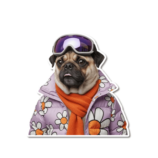 retro pug ski sticker;  Pug wearing purple ski goggles, a lavender puffer jacket with white daisy prints, and an orange scarf. 