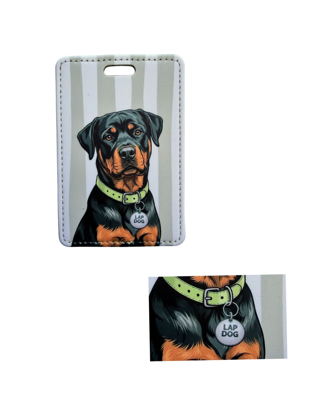Rottweiler luggage tag close-up; Detail view of a faux leather luggage tag showing a black and tan Rottweiler with a lime green collar and circular Lap Dog charm, vertical grey and white stripes.