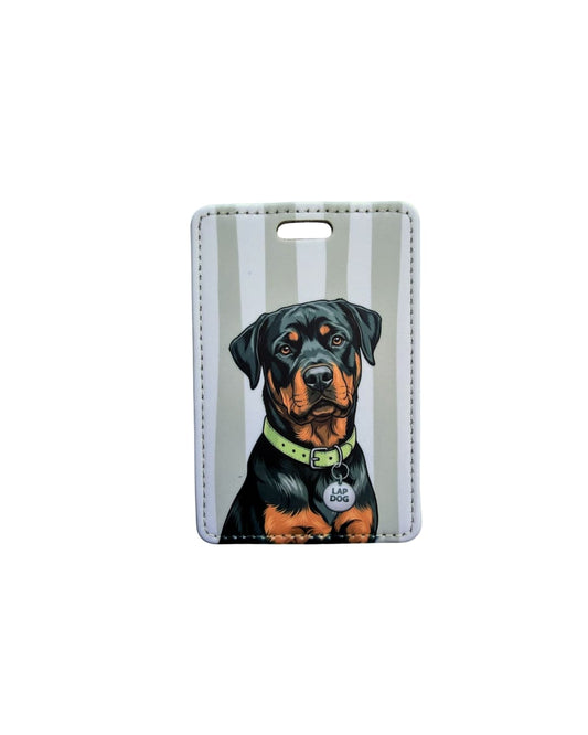 Rottweiler luggage tag; Fun faux leather luggage tag featuring a black and tan Rottweiler with a lime green collar and Lap Dog charm, vertical grey and white stripes, white background.