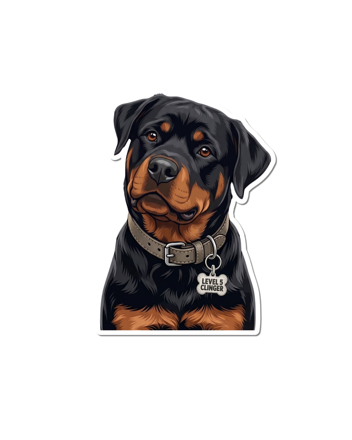 Rottweiler sticker featuring a black and tan dog wearing a gray collar with a bone-shaped tag reading “LEVEL 5 CLINGER.”