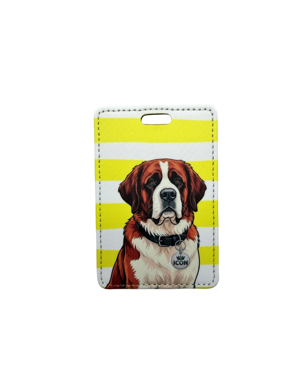 Saint bernard luggage tag flat lay showing Saint Bernard dog with ICON collar tag on yellow and white striped faux leather travel tag