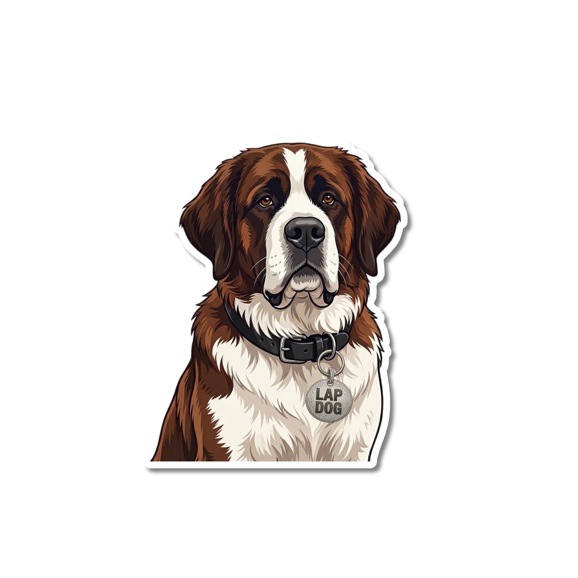 Saint Bernard vinyl sticker. Kiss-cut portrait, mahogany and white coat, black collar, round "LAP DOG" charm, white contour border.