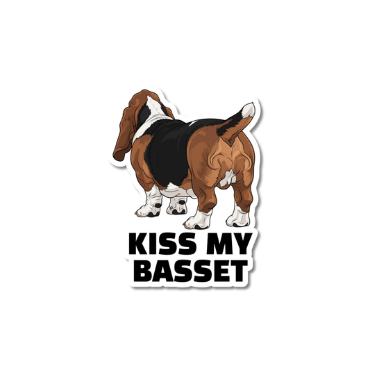 A "Kiss My Basset" matte vinyl sticker, categorized under funny basset hound laptop decals, showing the backside of a basset hound dog.