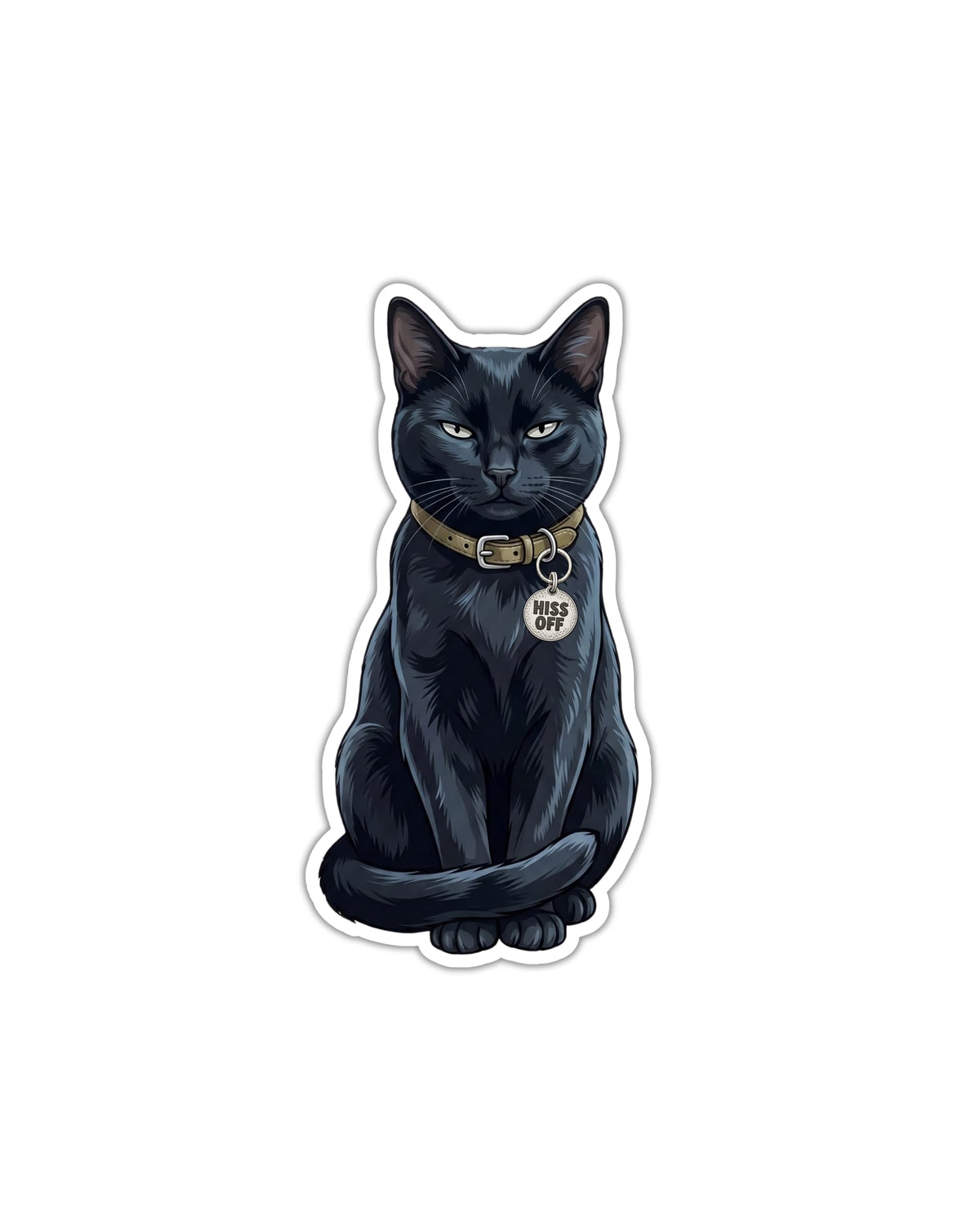 sarcastic black cat sticker featuring a seated black cat with blue-gray fur highlights, narrowed pale green eyes, a tan collar, and a silver “HISS OFF” tag, outlined in white on a white background.