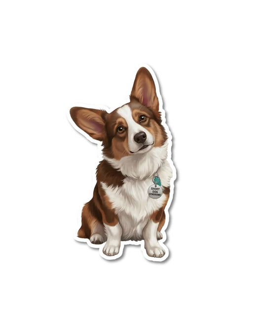 sarcastic corgi sticker short dog syndrome brown and white corgi with tilted head wearing tag on matte vinyl decal