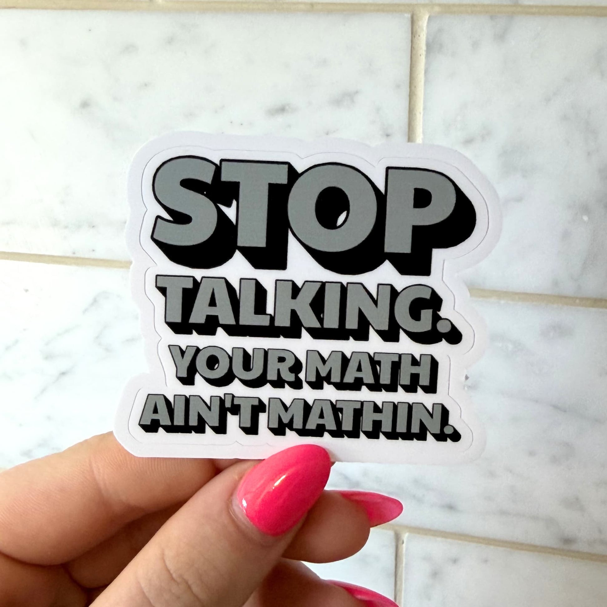 Sarcastic please stop talking water bottle sticker held up showing 2.5 inch size - waterproof kiss-cut matte vinyl decal