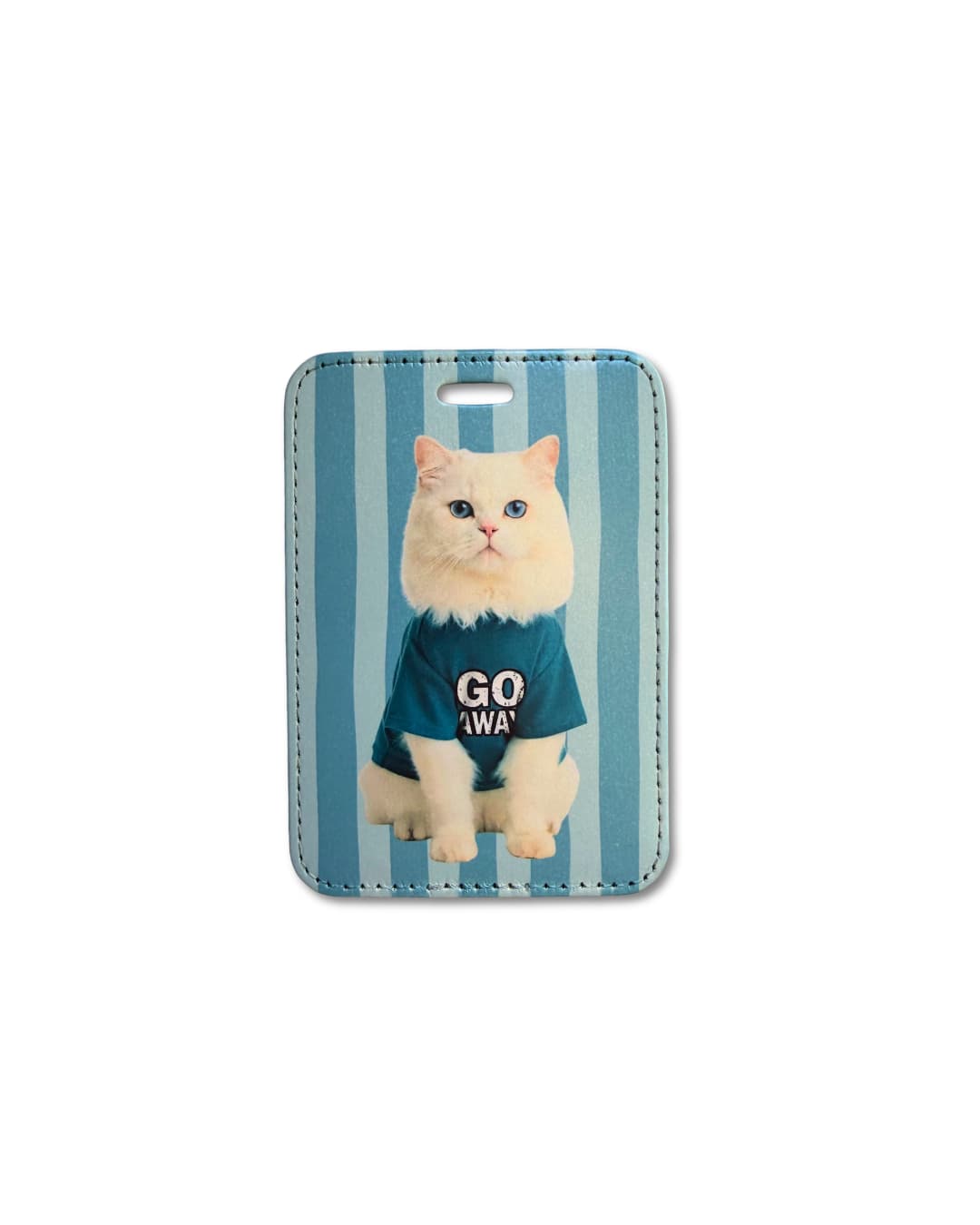 sassy cat luggage tag featuring a fluffy white cat with blue eyes wearing a go away shirt on a blue striped background
