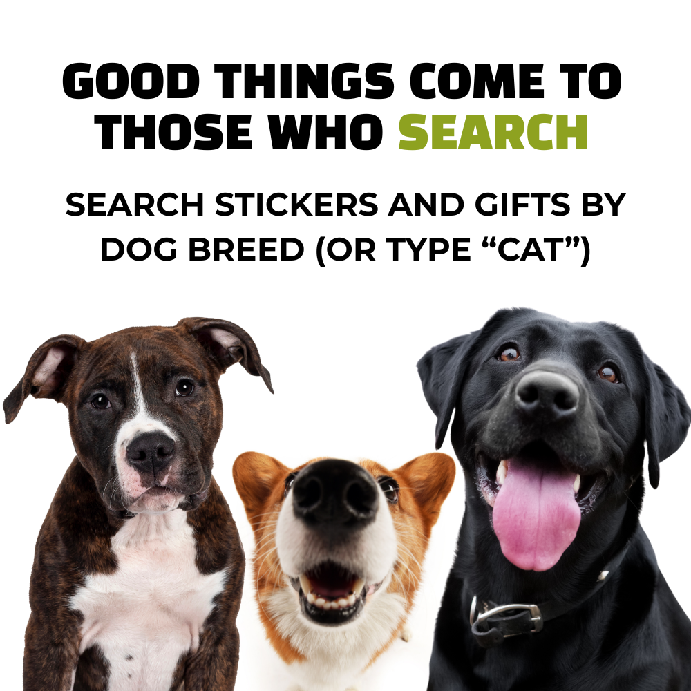 Pit bull, corgi, and lab under text: “Search stickers and gifts by dog breed.”