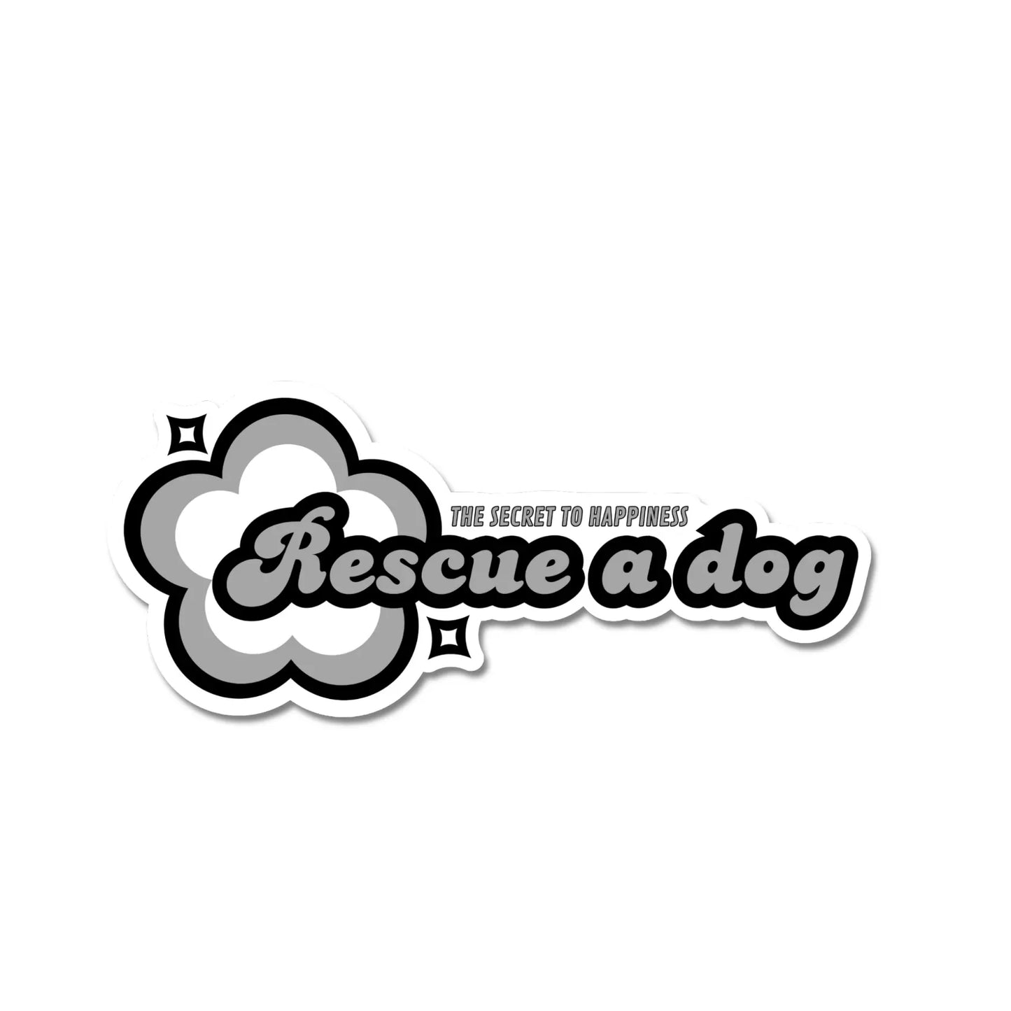 The key to happiness rescue a dog sticker in black and white retro design on white background"