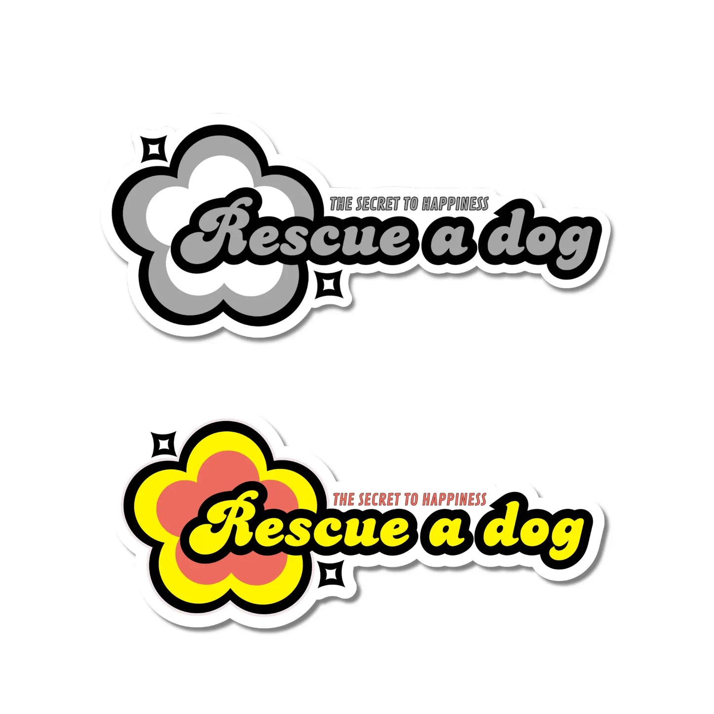 The key to happiness rescue a dog sticker 2-pack showing black and white and yellow and orange colorways on white background