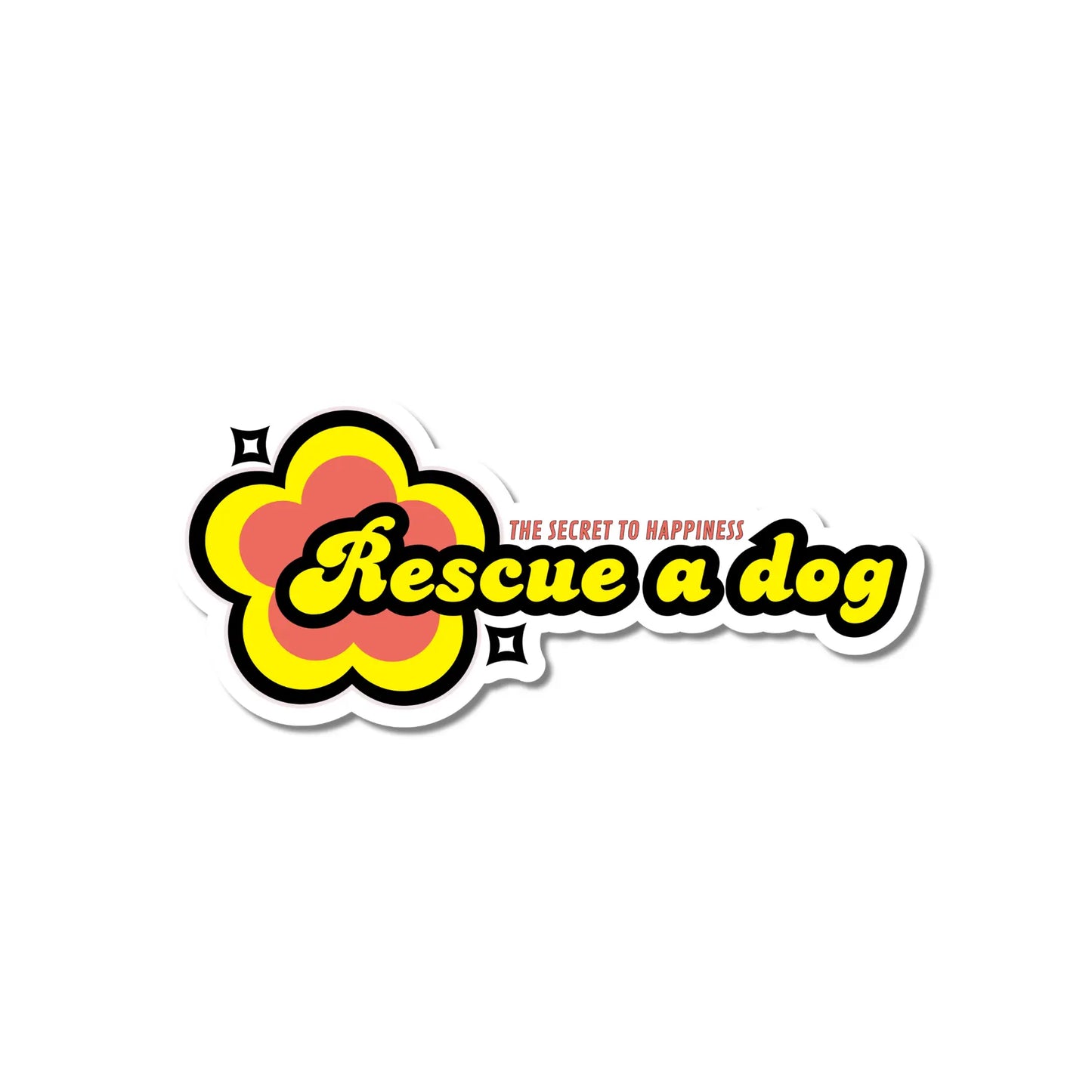 The key to happiness rescue a dog sticker in yellow and orange retro design on white background