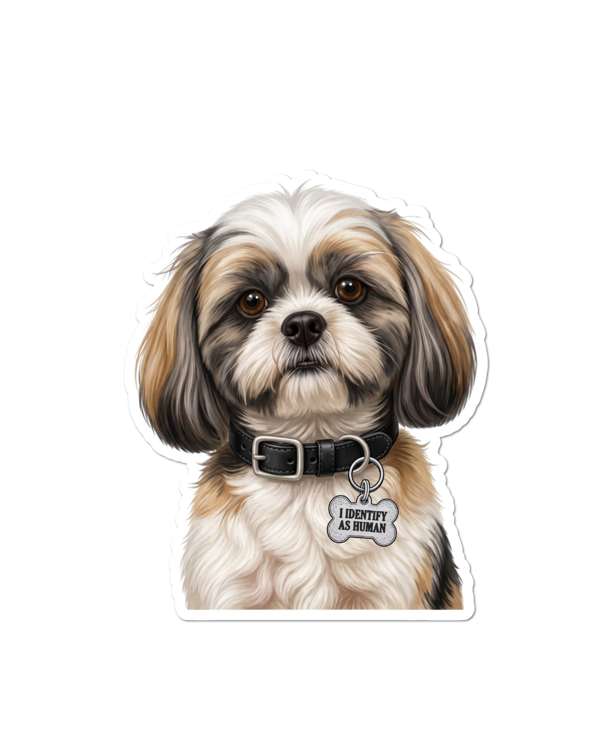  Shih Tzu sticker featuring a white, tan and charcoal gray dog with floppy ears and brown eyes, wearing a black collar with a silver bone-shaped charm reading “I IDENTIFY AS HUMAN,” on white.