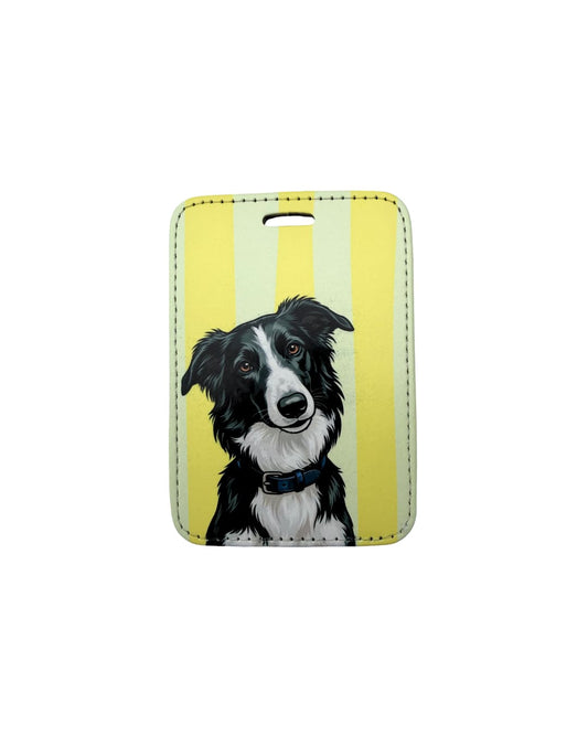 Silken Windhound luggage tag - black and white sighthound on yellow striped background