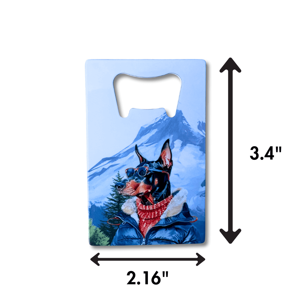 Flat stainless steel doberman bottle opener with size dimensions shown