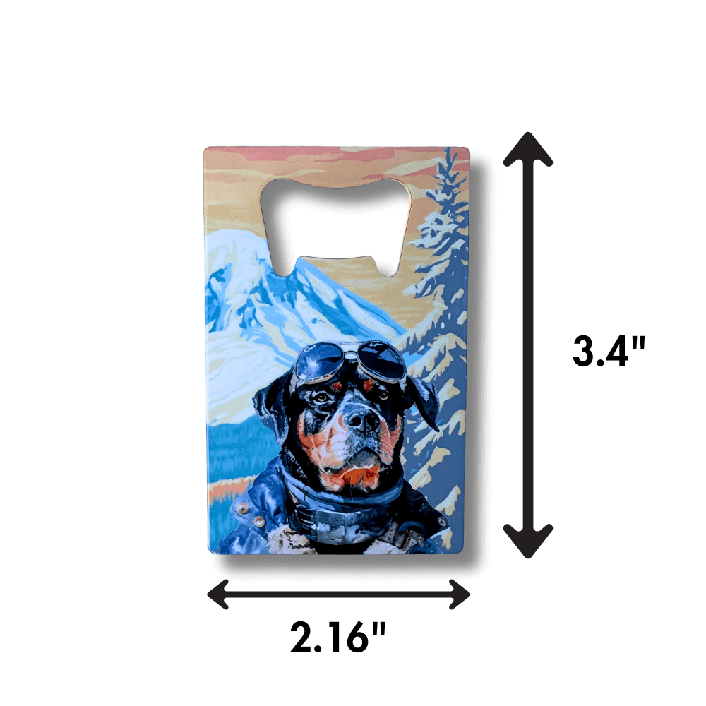 size measurement for: Rottweiler bottle opener with mountain artwork, featuring a dog wearing goggles against an alpine outdoor landscape, flat stainless steel wallet-size design