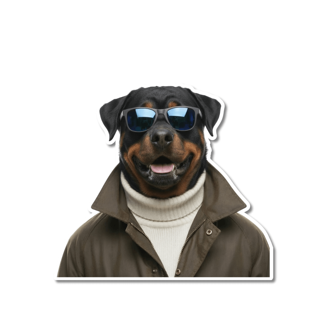 rottweiler winter sticker. Rottweiler dog wearing black aviator sunglasses, a red puffer jacket, and a striped scarf
