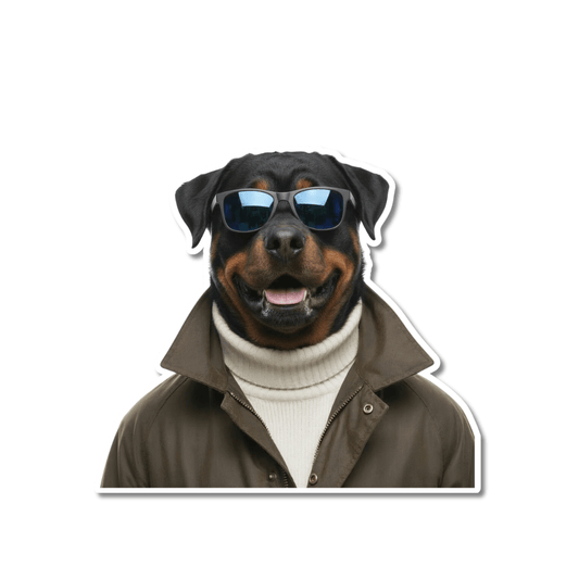rottweiler winter sticker. Rottweiler dog wearing black aviator sunglasses, a red puffer jacket, and a striped scarf
